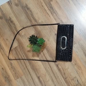 CHOCOLATE BROWN Faux Alligator Patent Leather Fold Over Clutch Crossbody Bag